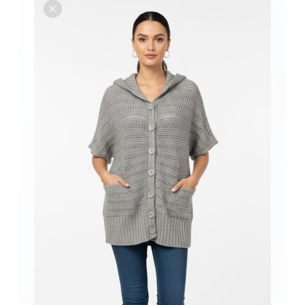 Gray Metallic Pointelle Knit Short Sleeve Boho Cardigan Turtle Neck L